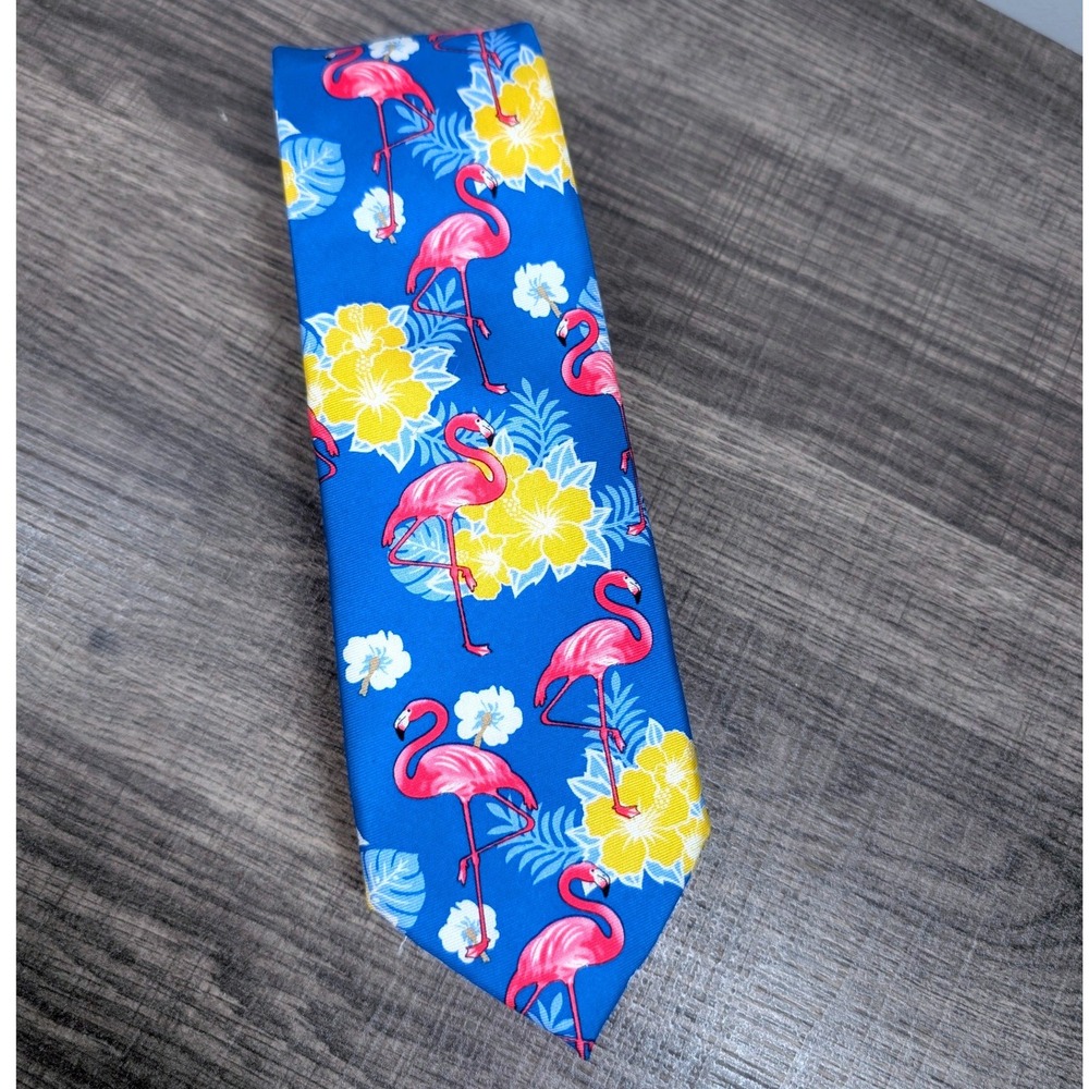 Happy Ties Men's Flamingo Floral Blue Silk Neck Tie - Picture 2 of 4